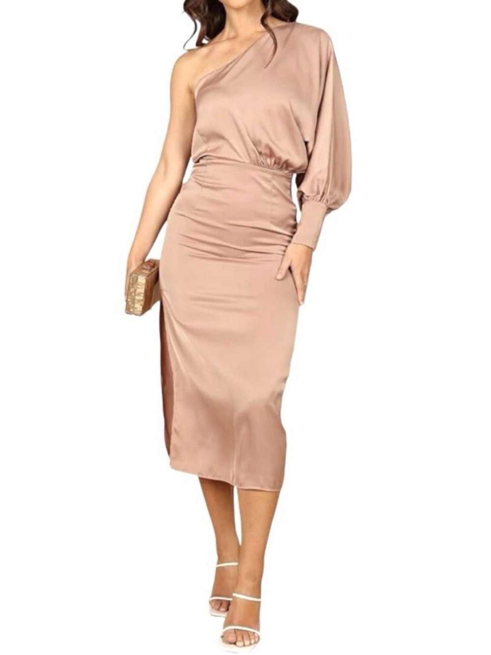 Nordstrom One-Shoulder drape Satin Midi Dress in Blush
